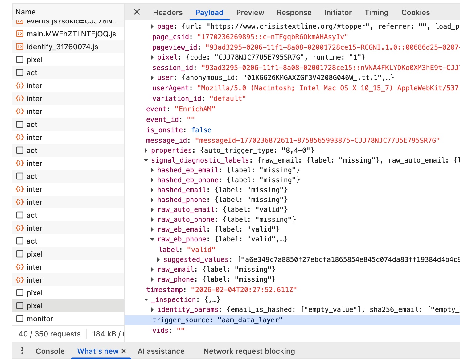 Payload showing trigger_source: aam_data_layer on Crisis Text Line