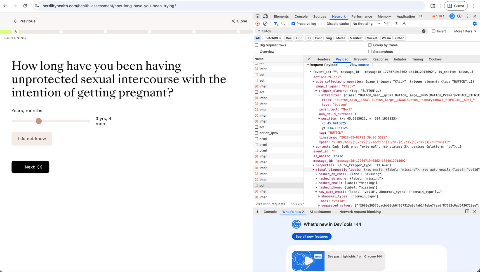 TikTok pixel tracking clicks during Hertility's fertility health assessment