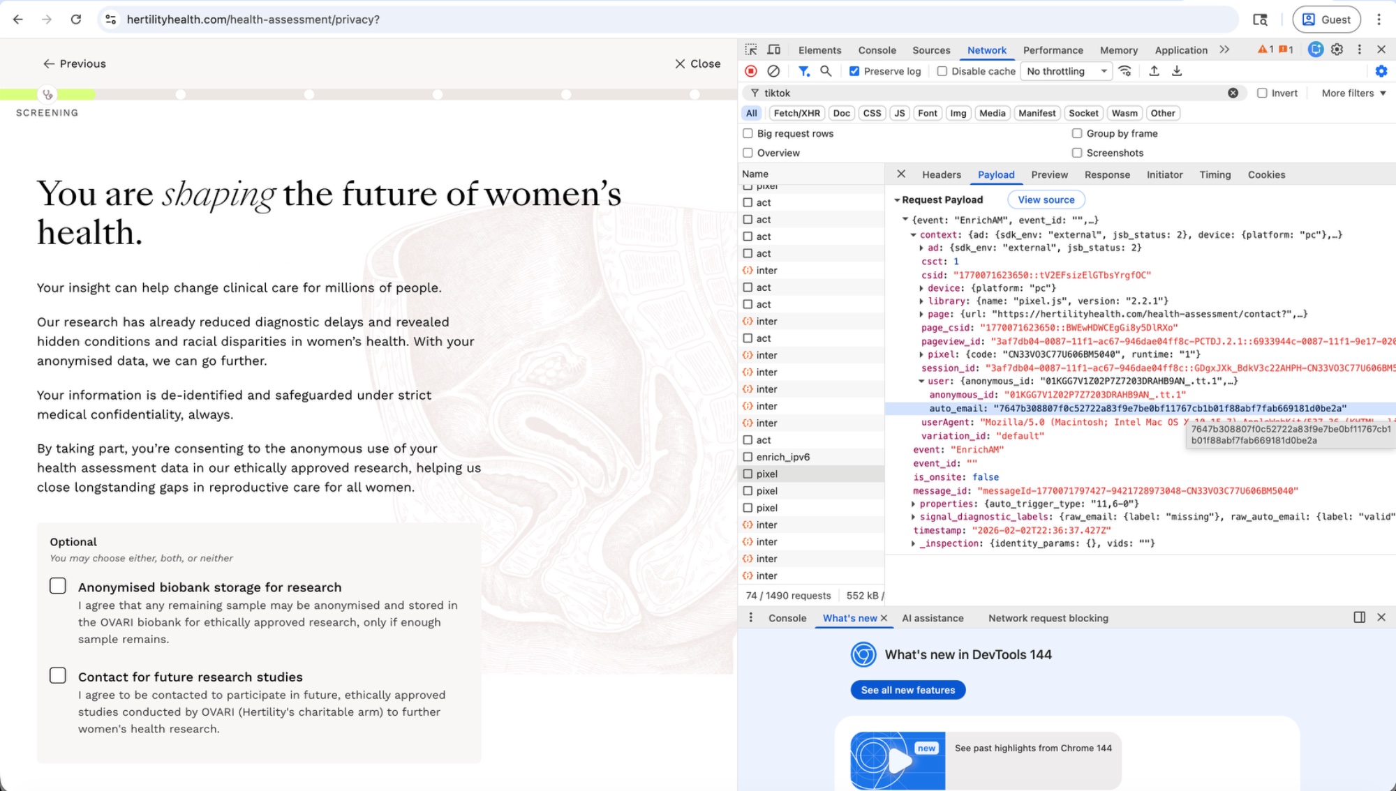 TikTok pixel collecting email on Hertility's medical confidentiality page
