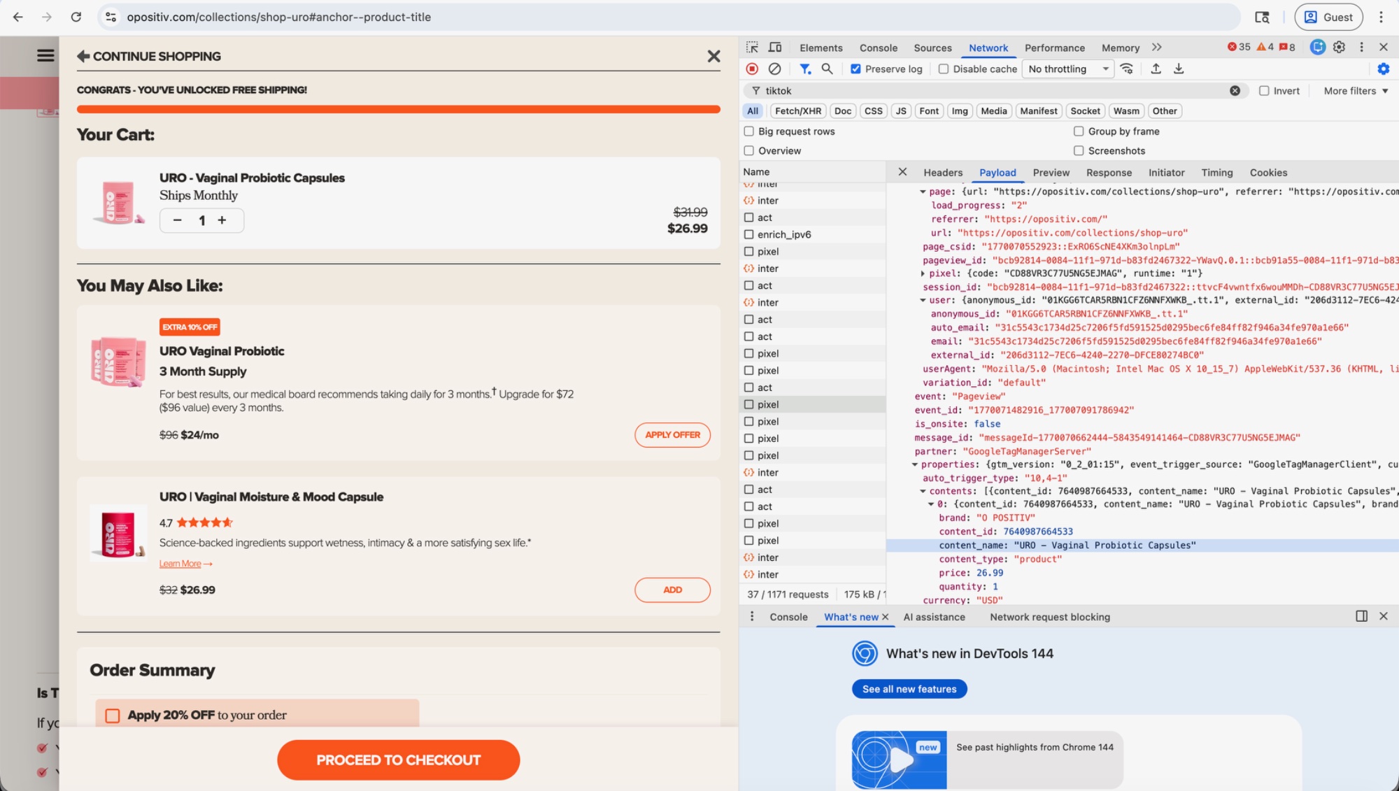 TikTok pixel receiving product details and email when adding vaginal probiotics to cart