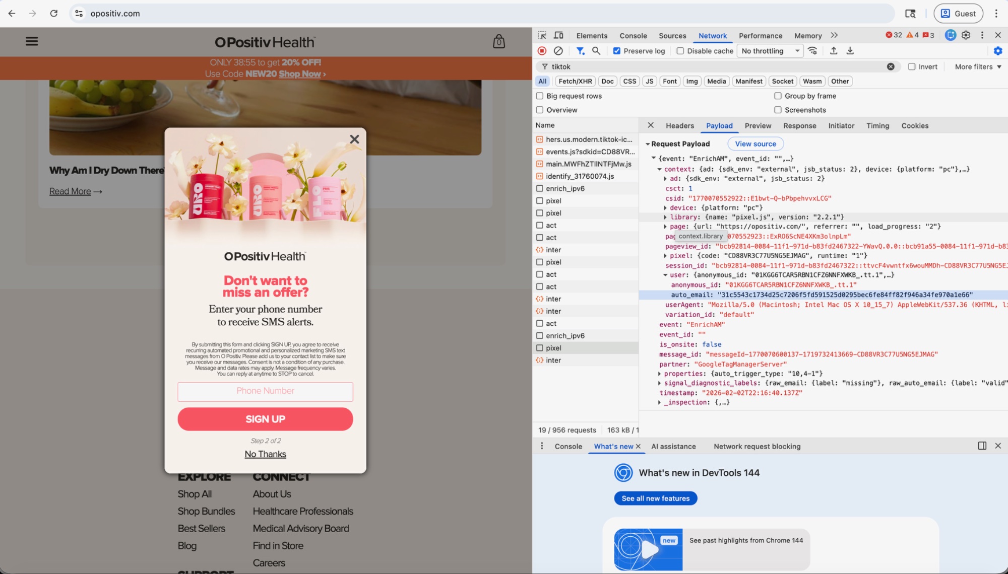 TikTok pixel transmitting email captured from O Positiv discount popup